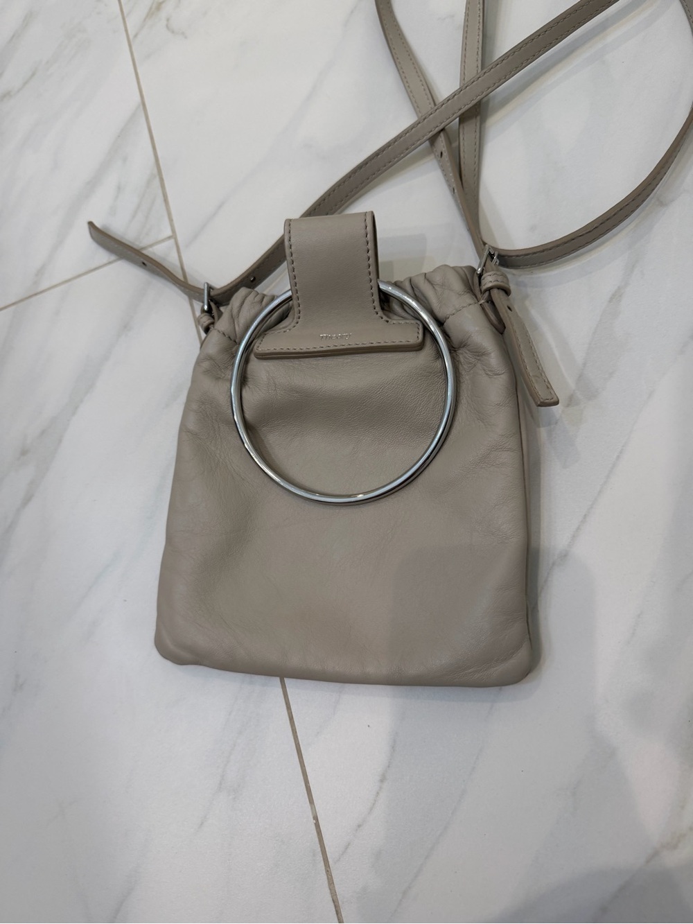Theory Taupe Leather Crossbody with Silver Ring Detail
